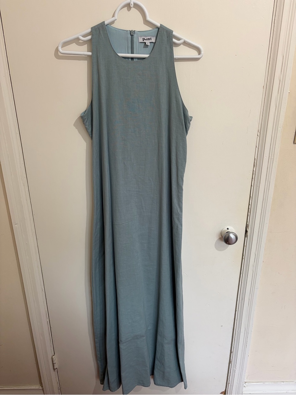 Point Sleeveless Linen Maxi Dress in Dusty Blue-Green